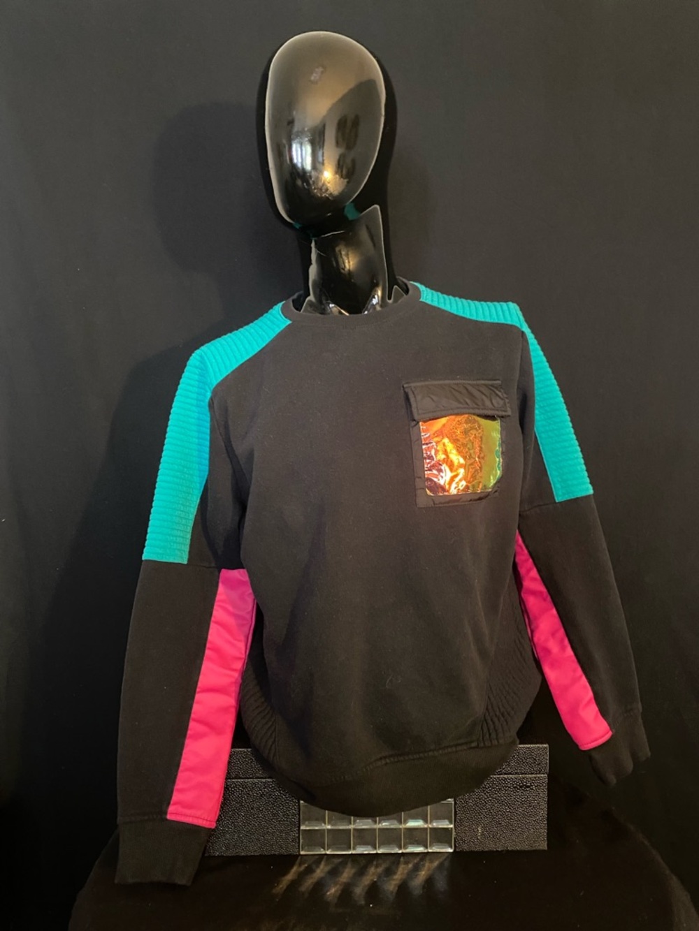 INC International Concepts Black Crewneck Sweater with Teal and Pink Accents